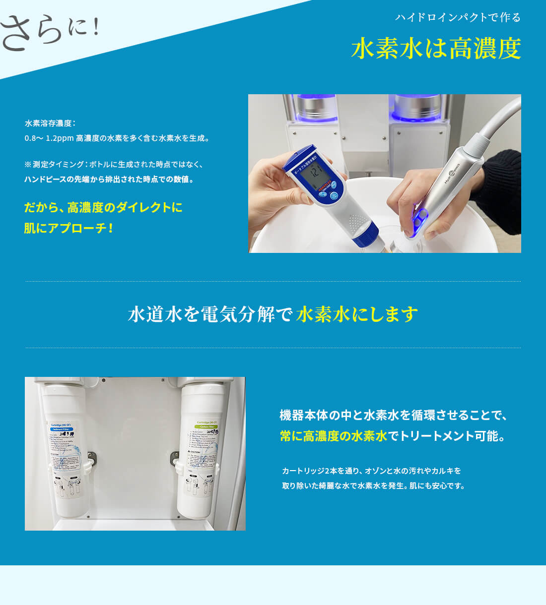さらに！ハイドロインパクトで作る水素水は高濃度 水道水を電気分解で水素水にします