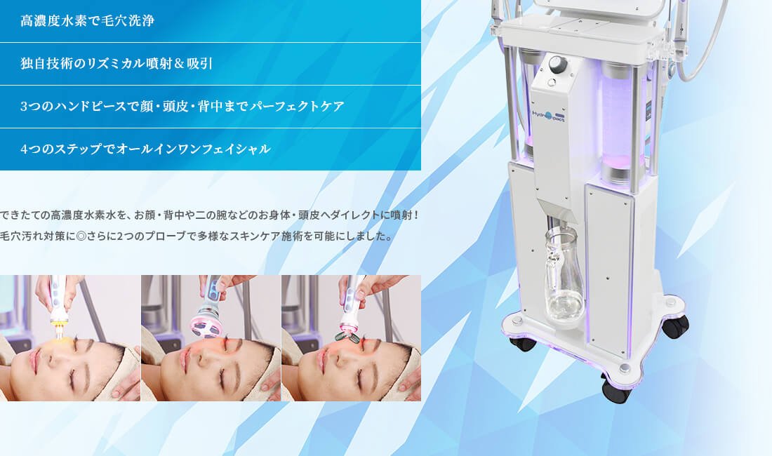 高濃度水素で毛穴洗浄 独自技術のリズミカル噴射＆吸引 3つのハンドピースで顔・頭皮・背中までパーフェクトケア 4つのステップでオールインワンフェイシャル