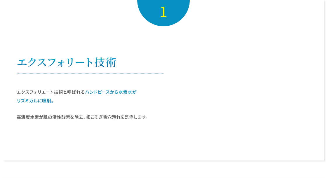 エクスフォリエート技術と呼ばれるハンドピースから水素水がリズミカルに噴射。