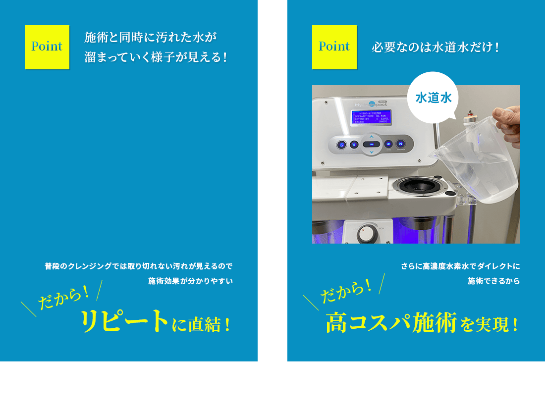 施術と同時に汚れた水が溜まっていく様子が見える！必要なのは水道水だけ！